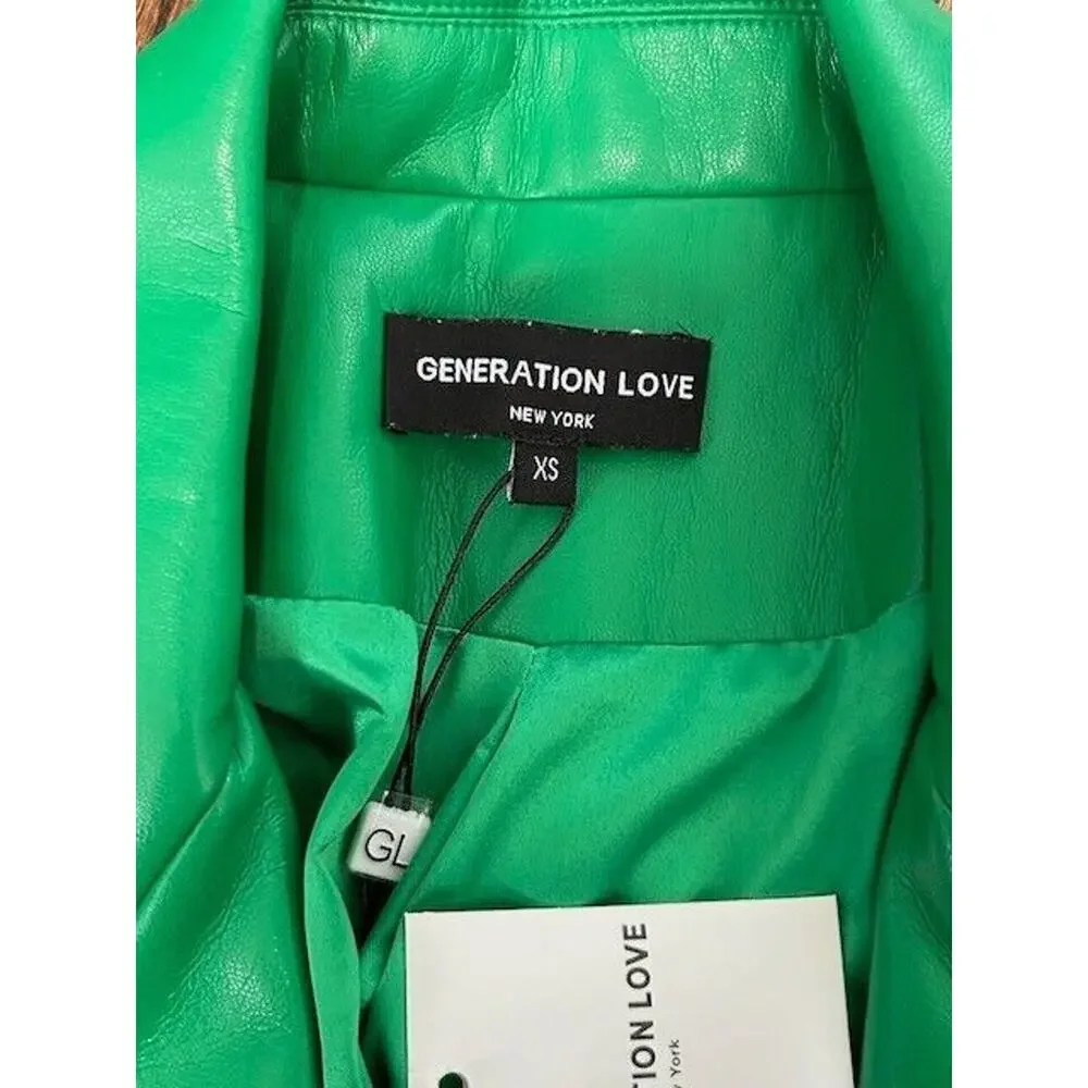 Generation Love Millie Vegan Leather Blazer Ruched Sleeves Notch Lapel Green XS‎